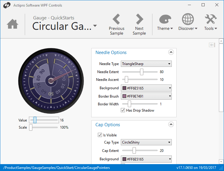 Both the CircularGauge and LinearGauge support any number of scales which control the placement of the gauge elements, such as tick marks and pointers. In turn, any number of tick-sets can be specified when control value ranges and intervals, such as where major ticks should be rendered.
