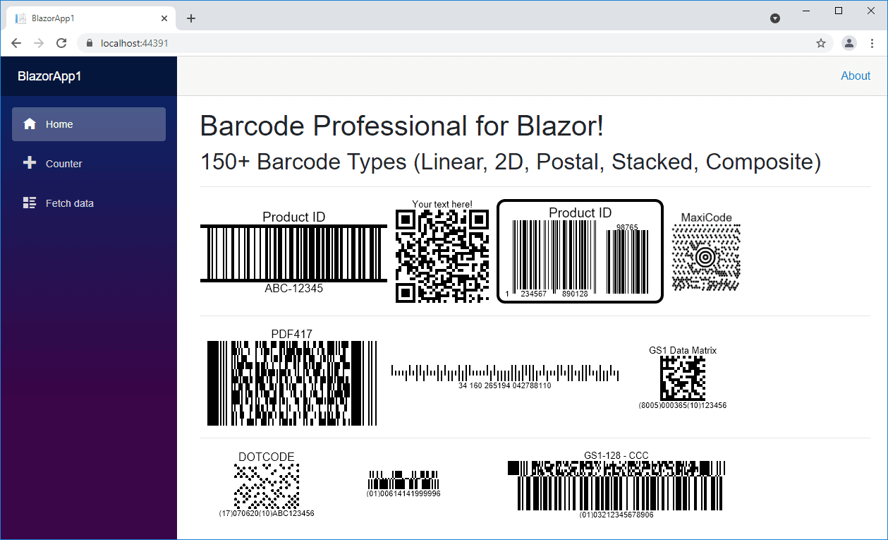 Generate, display and print high quality 1D and 2D barcodes in any Blazor Projects.