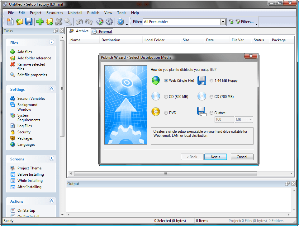 A Publishing Wizard walks you through the build process with a few easy steps. The single-file setup.exe is ready for distribution by web, email, LAN, CD, DVD and even floppy disk.