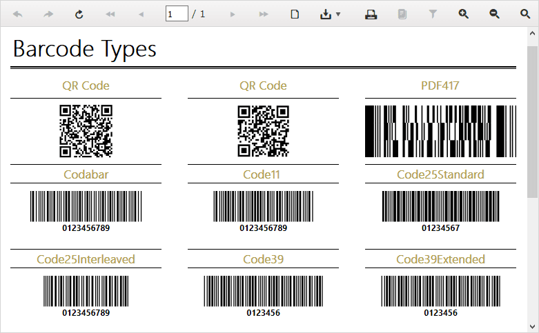 The Barcodes Report illustrates the range of available barcode types including 1D & 2D.