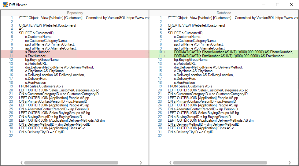 VersionSQL includes a built-in diff viewer. This makes it easy to see the changes you’ve made to your database, right from within SSMS. 