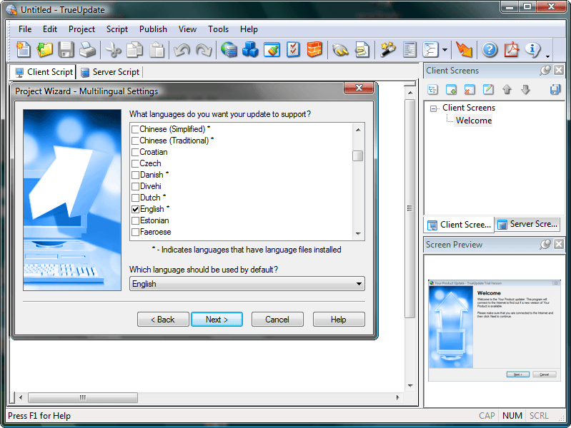 Integrated language selection is built into all screen dialogs, making it easy to create multilingual client interfaces and modify translations at will.