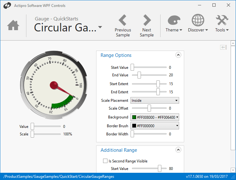 To highlight areas of interest, ranges can be added with identifying colors. For example, a range with a dark red background can be added to a tachometer that encompasses 6,000 to 10,000 rpms. Ranges are supported by both CircularGauge and LinearGauge and can quickly convey information to the user.