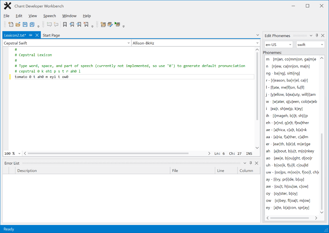 Create and edit Cepstral default pronunciations faster by using the auto generation feature. Simply type the word, space, and 0 to generate the default pronunciation for editing.