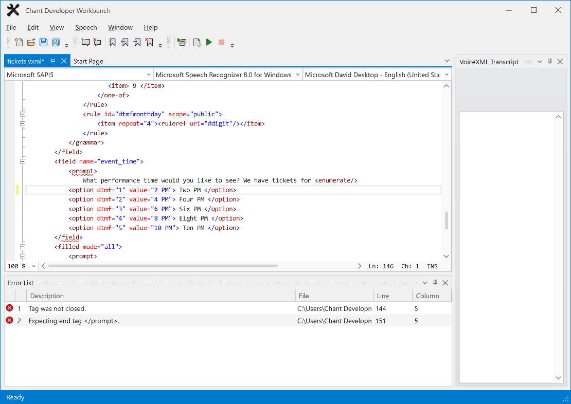 Automatic syntax checking displays visual cues and syntax error messages in the Error window. Click on the error to take you to the location of it in the document window.