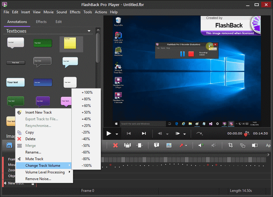 FlashBack gives you the choice of recording sound either when the movie is being recorded, or later when the movie is being edited. Using the Player recording features you can either re-record the background track for the entire movie or selectively record tracks that will be mixed with the background track.