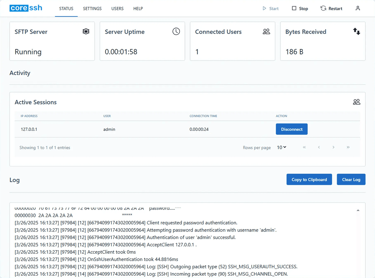 A lightweight, cross-platform SSH/SFTP server, with straightforward, intuitive administration and management.