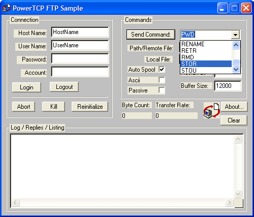 Execute FTP commands, retrieve remote files, and send local files through user intervention.