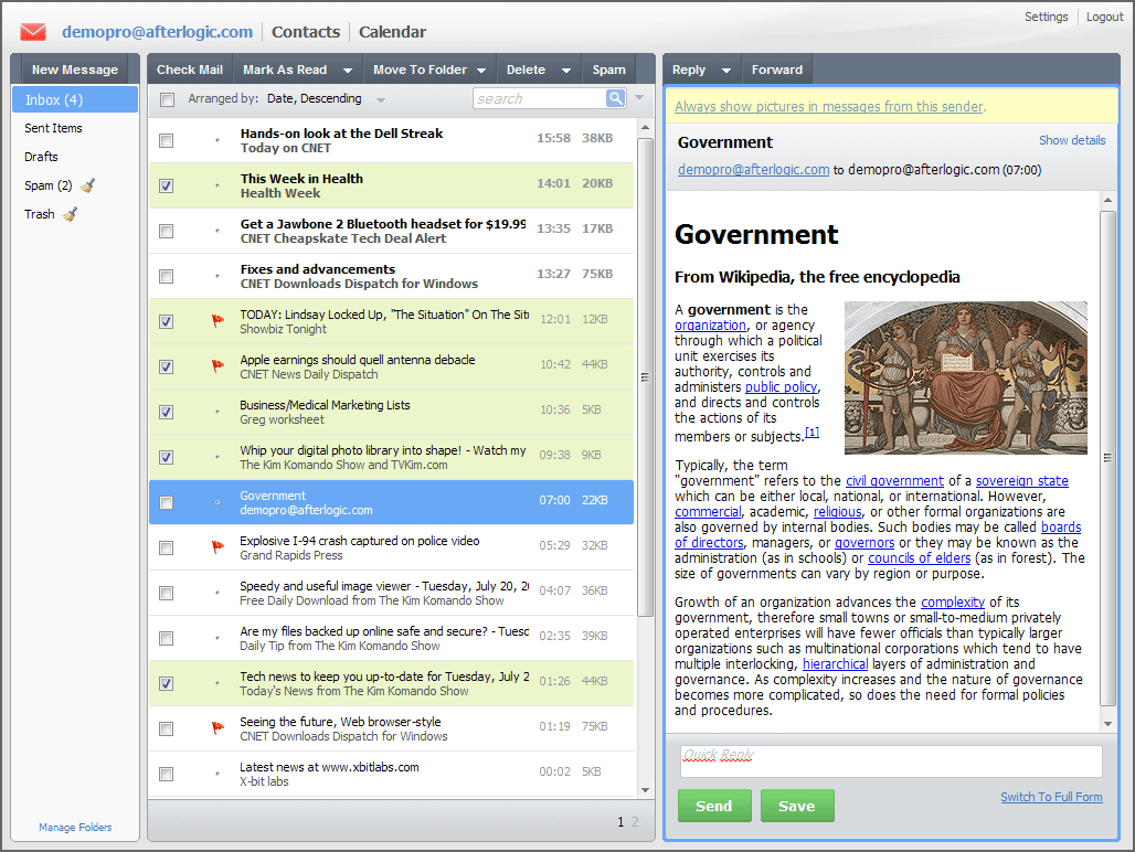 AfterLogic WebMail Pro offers an independent web mail front-end solution for your existing mail server.