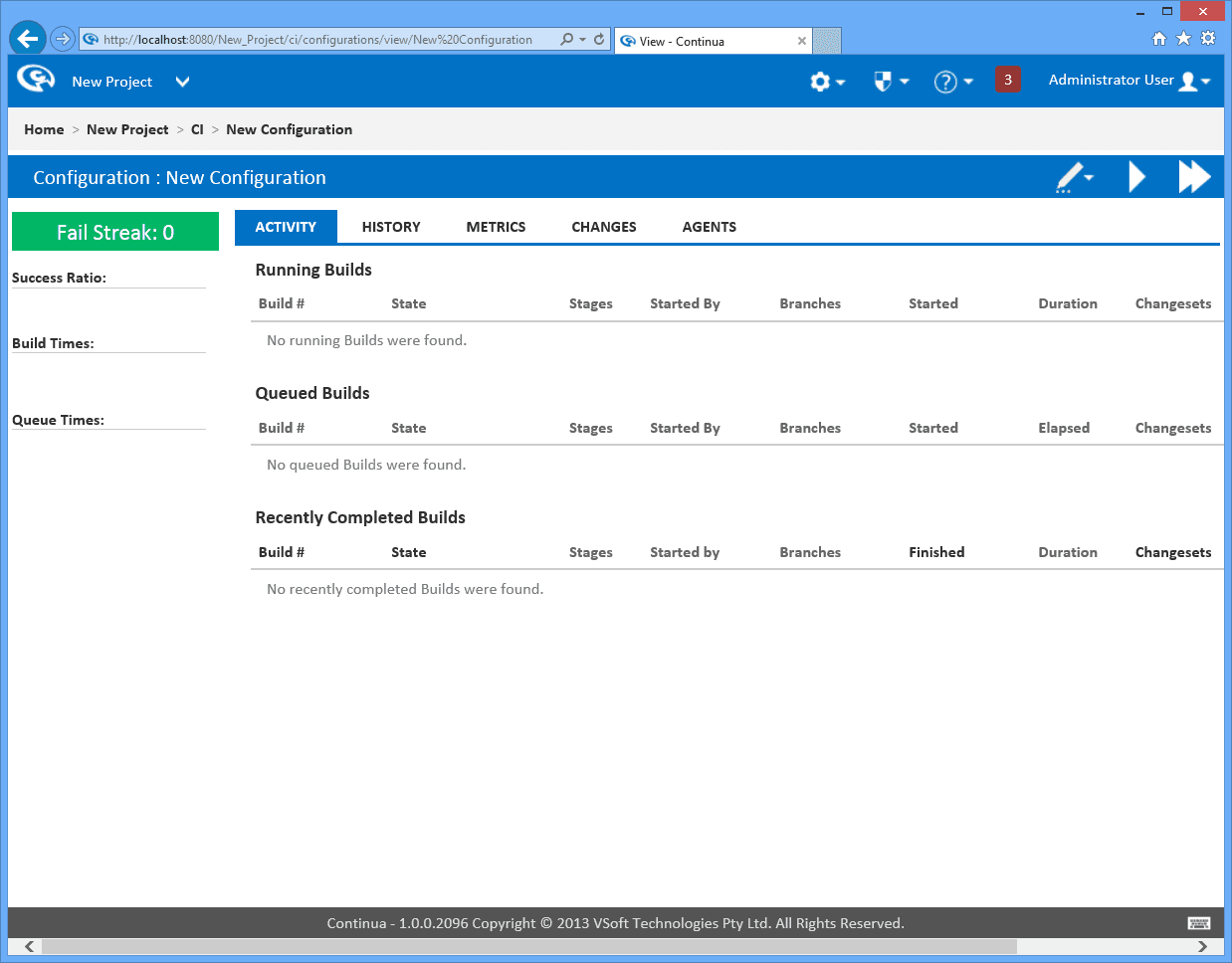 Check the status of your builds at a glance with Continua CI's build views and metrics. Information includes ranges from success/failed ratios, build durations and unit test results.