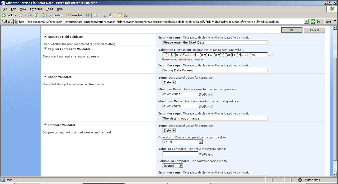 Client-side validation for SharePoint list field data.