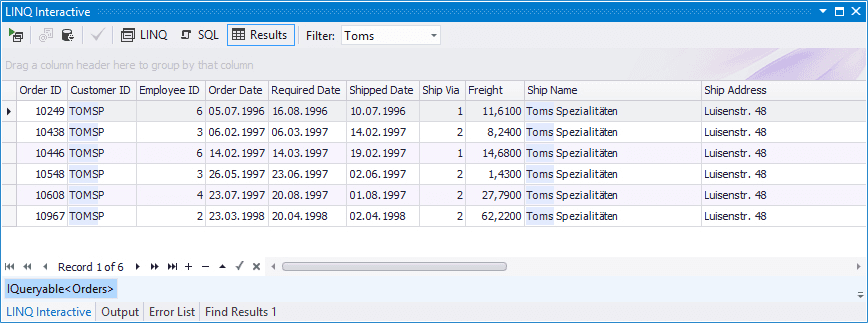 To filter data, enter the filter string to the Filter box on the LINQ Interactive window toolbar.