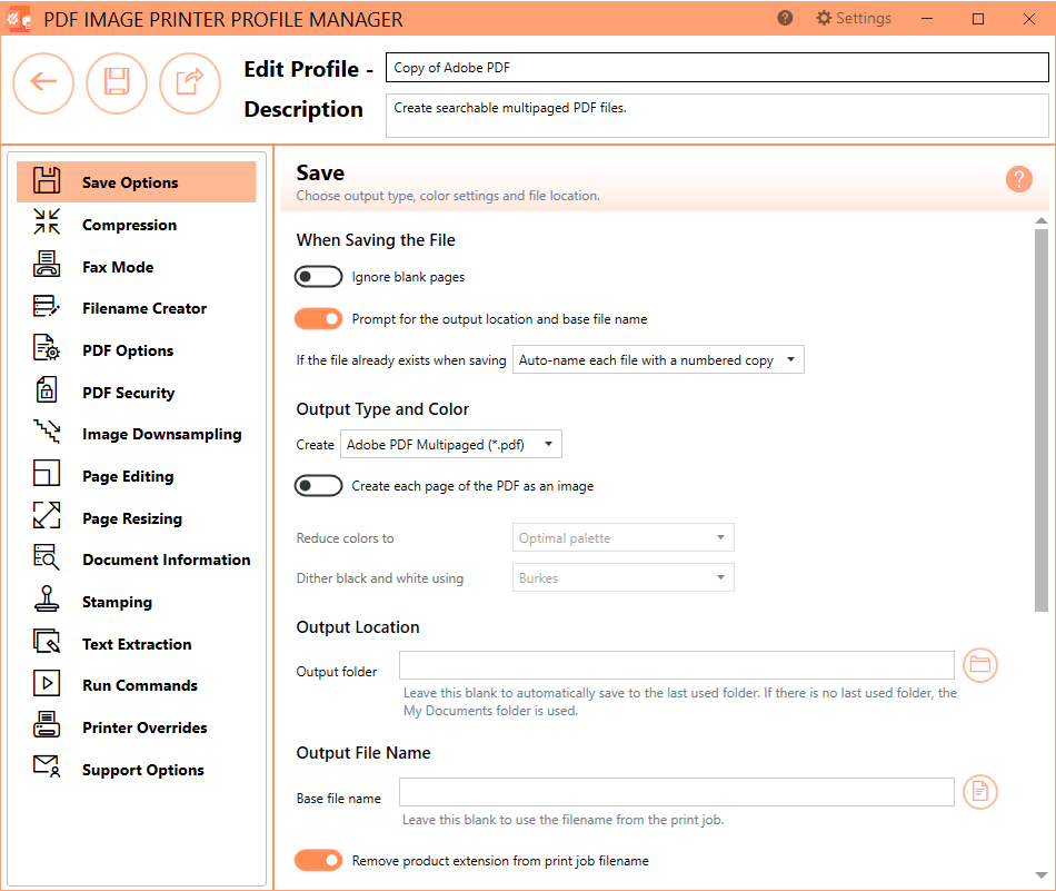 PDF Image Printer specializes producing the both searchable Adobe PDF files as well as non-searchable PDF files suitable for archiving, emailing, or posting to the internet. All PDF files can be read by standard PDF viewers such as Adobe® Reader. Edit your output settings using Profile Manager to create a personal profile to apply during conversion.