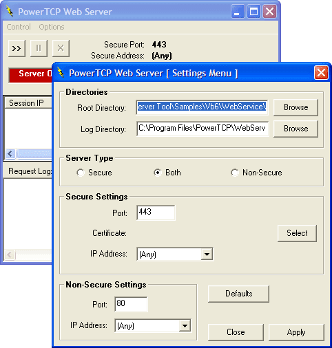 Use the PowerTCP WebServer Tool to write a simple HTTP/HTTPS web server. When compiled, this application can be run as a Service using the PowerTCP NT Service Control.