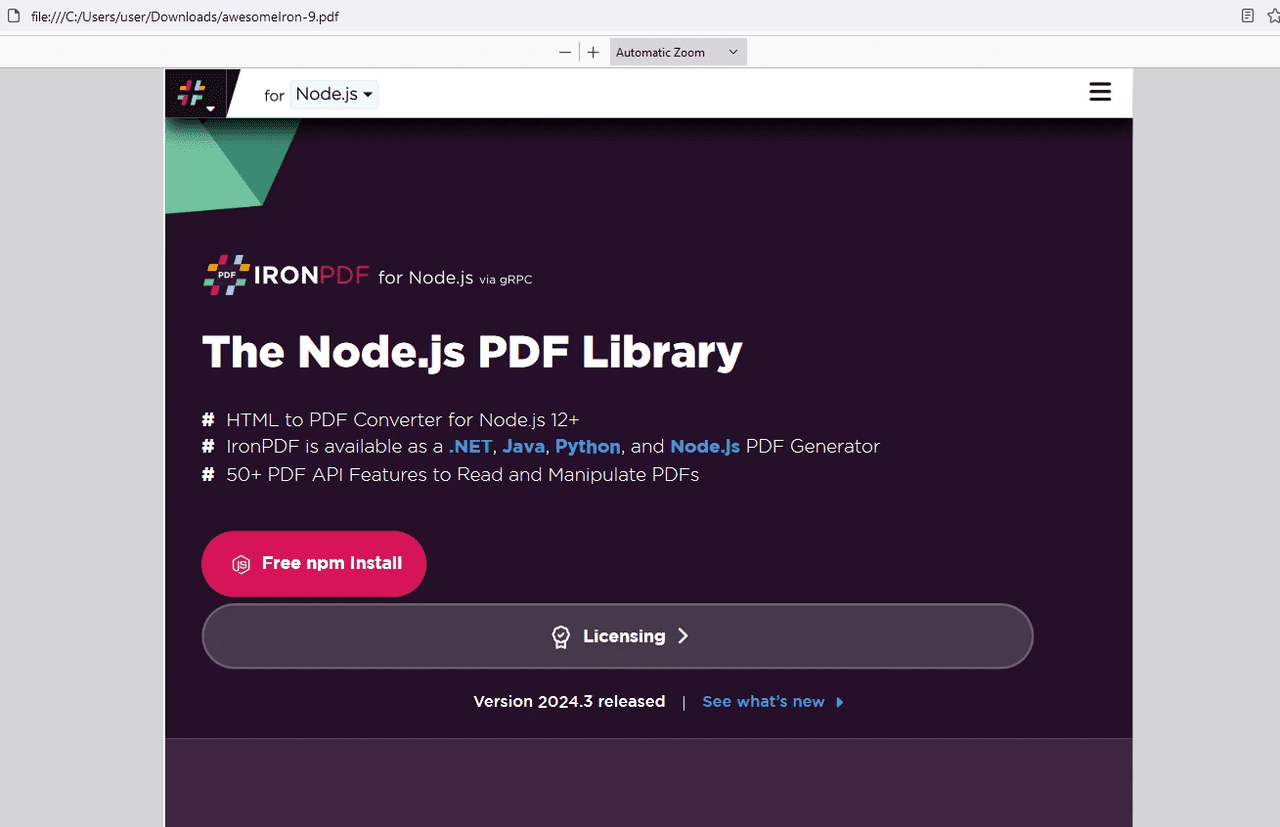 imagen del producto IronPDF for Node.js
