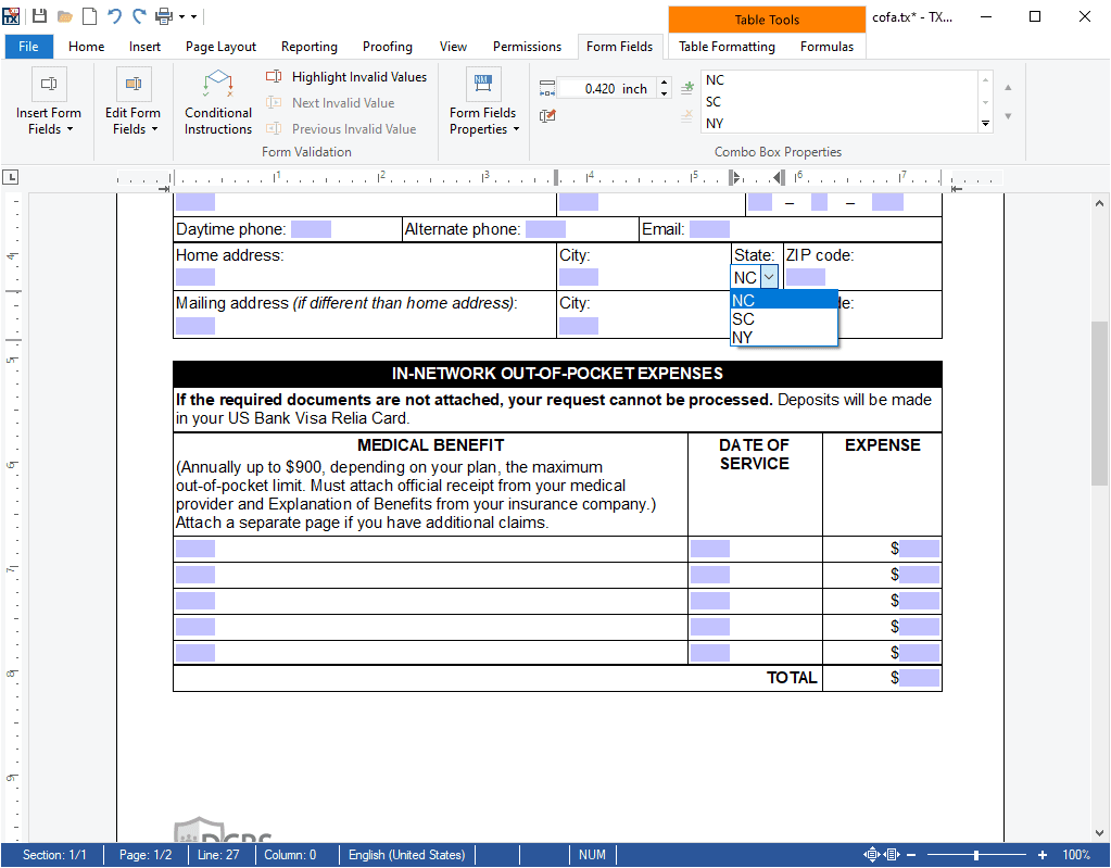 TX Text Control supports form field processing functionality to create and deploy forms including MS Word compatible fields such as checkboxes, drop-down boxes and form text fields.