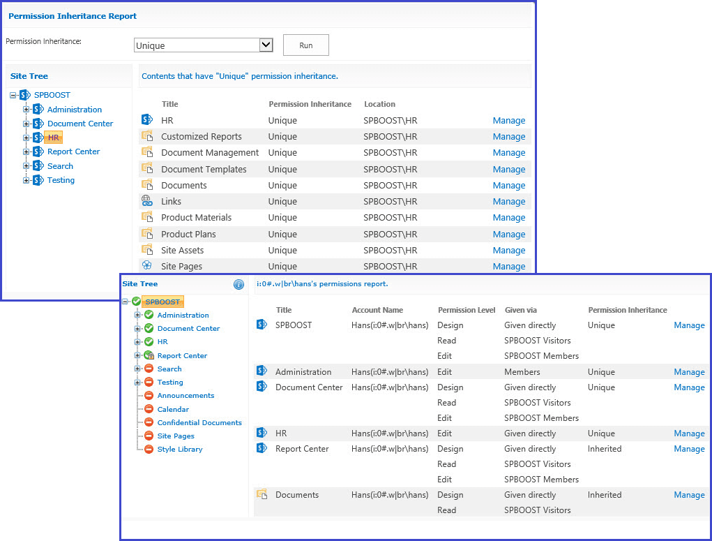 Generate various permission reports to improve SharePoint management.