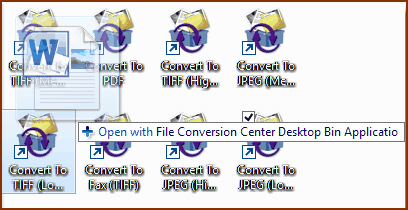 Converter bins are shortcuts on your desktop. Dragging a file or group of files onto the 'bin' will convert those files to the file format specified for the bin. Converter bins are optionally installed with File Conversion Center; if you do not see any converter bins, they can be added and removed through the Start menu.