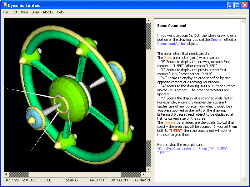 Zooms to display: 'E' Zooms to display the drawing extents . The other parameters are ingored. 'P' Zooms to display the previous view . The other parameters are ingored. 'W' Zooms to display an area specified by two opposite corners of a rectangular window. First corner: Specify a point. Other corner: Specify a point. You can specify a point or let the user do it with the word 'USER' FirstCorner As Variant Used Only if the Type is 'W' (Window). Otherwis