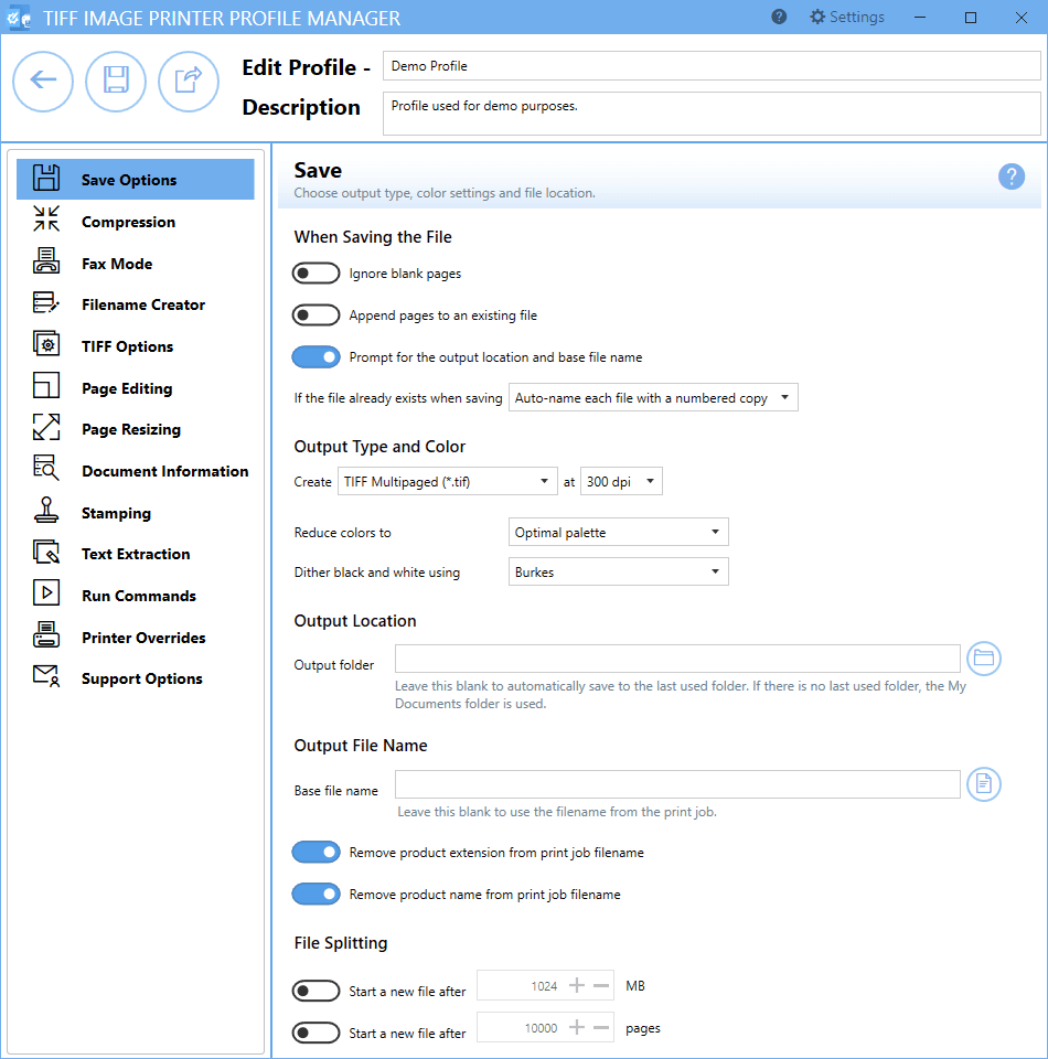 The Save Options tab holds all of the most frequently used settings. On this tab you can choose output type, color settings and file location.