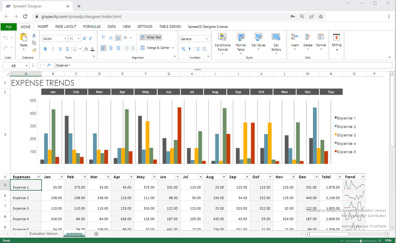 SpreadJS offers a Designer Component as an optional deployment add-on. This component provides developers the ability to embed an Excel-like ribbon bar and UI functionality into their web applications for their users to customize the spreadsheet.