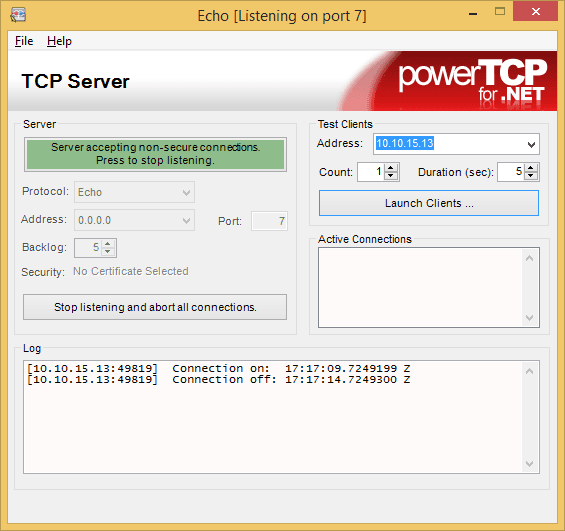 You can create an echo server that can be used to test connections.