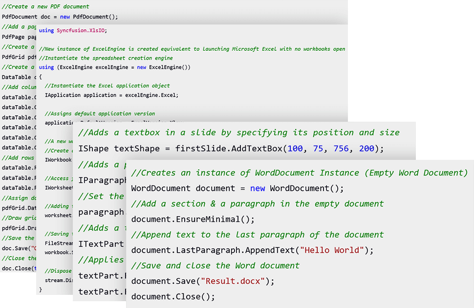 Easily add advanced PDF, Word, Excel, and PowerPoint document processing features to your application with a few lines of code.