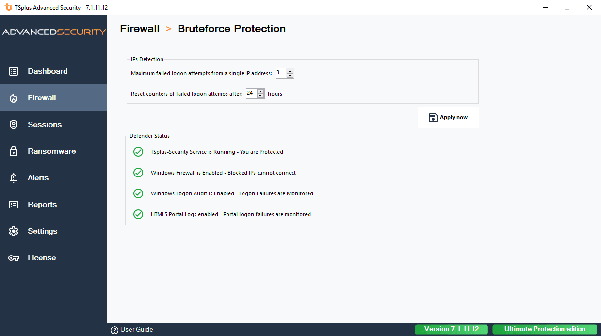 Bruteforce Protection enables you to protect your public server from hackers, network scanners and brute-force robots that try to guess your Administrator login and password. Monitor Windows failed login attempts and automatically block the offending IP addresses after a pre-determined number of failures.