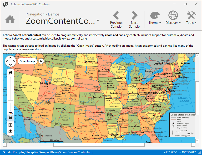 Allows any content to be interactively zoomed and scrolled using customizable mouse and keyboard behaviors. Includes an optional built-in view control pane, which can be used to zoom or pan the content and collapsed when not needed. Numerous methods, properties, and commands are provided which can be used to programmatically zoom/pan the display.