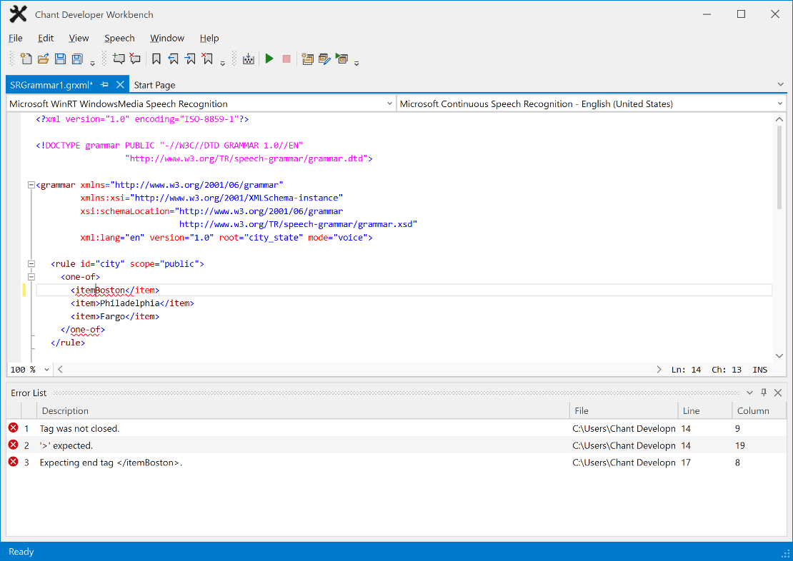Automatic syntax checking displays visual cues and syntax error messages in the Error window. Click on the error to take you to the location of it in the document window.
