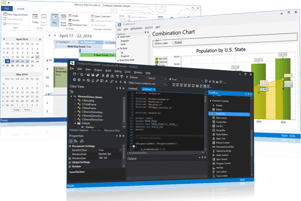 Give your application a professional, modern appearance with toolbars, menus, docking, property grid, reporting and calendar functionality.