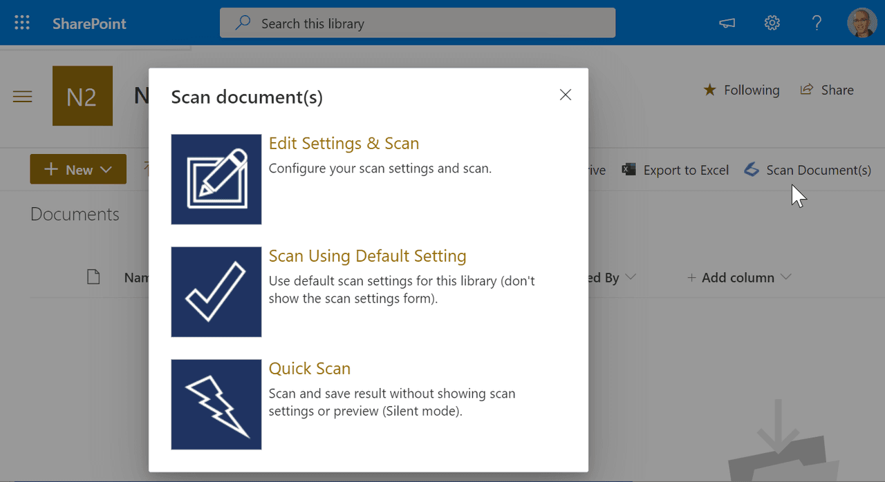 Easily scan documents directly into a SharePoint library or attach them to list items without leaving your SharePoint site, using the integrated scanning menus.