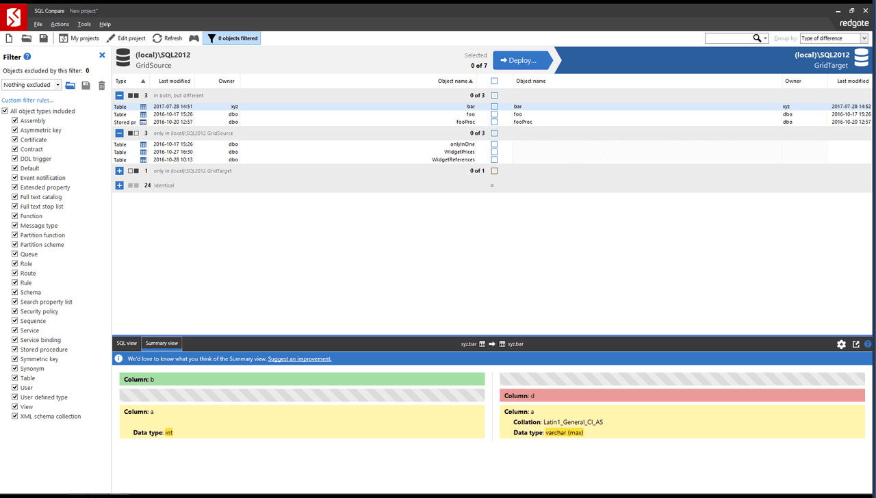 Compare SQL Server database schemas, large or small, and including Temporal Tables, with advanced filtering of database objects.
You can explore what's changed in each database object, down to individual lines of SQL. When you’re ready to deploy, you can create an error-free deployment script in minutes.
Troubleshoot database differences and create reports in HTML or Excel.