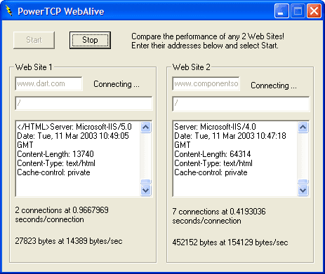 Compare the download performance of any 2 web pages. Useful for comparing the relative performance of mirrored Web Servers
