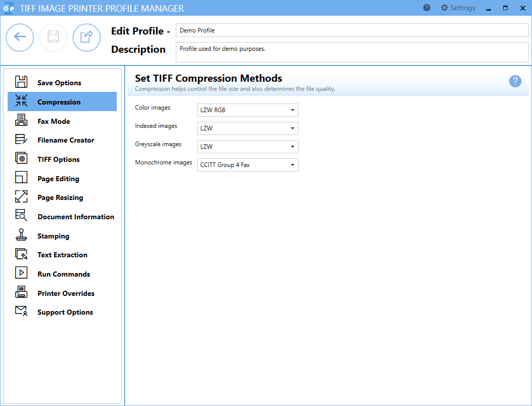 Changing the compression options can have a large impact on the size of the file but care must be taken when choosing compression methods as the file contents can also determine how well the chosen compression method will work. The default compression methods chosen for each color type will often give the smallest TIFF image. When changing compression methods, be sure that you are changing the correct compression field in relation to the color reduction option selected on the Save Options tab.