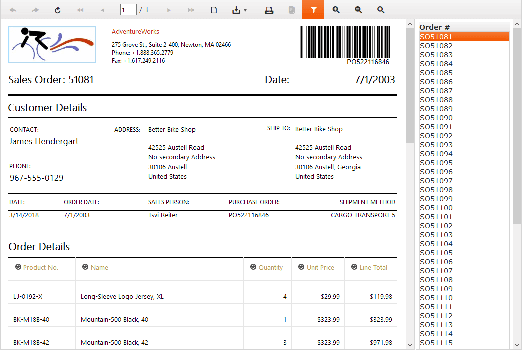The Invoice is implemented with Master-Detail reports. It offers interactive sorting, page aggregates, subreports and bindable reports.