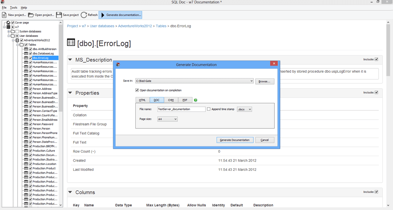 Document your SQL Server databases automatically as HTML, PDF, Microsoft Word or Compiled HTML Help files.