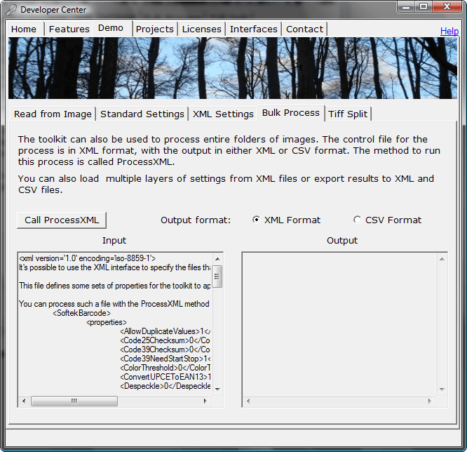 Softek Barcode can also be used to process entire folders or images. The control file for the process is in XML Format, with the output in either XML or CSV. You can also load multiple layers of settings from XML files or export results to XML and CSV Files.