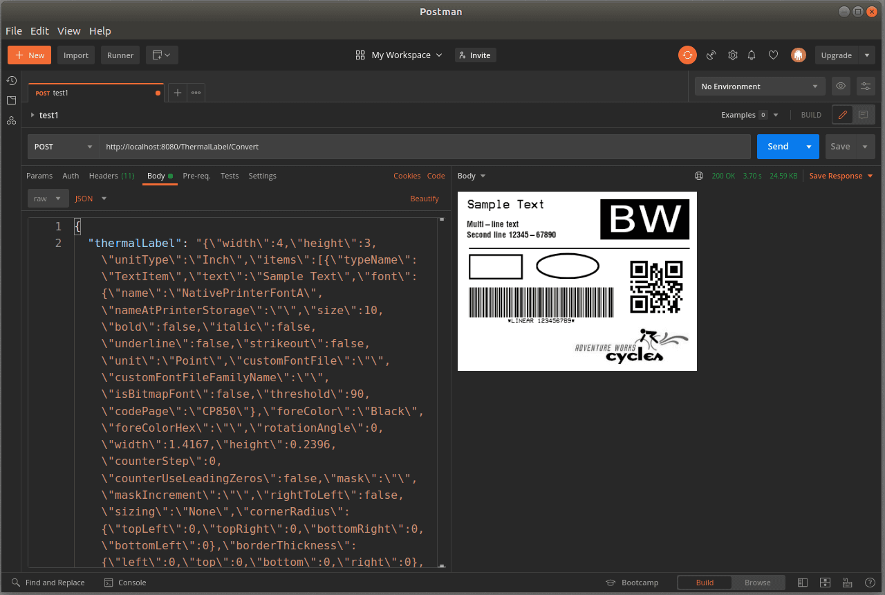 On-premise REST API for generating barcode labels with data merging, expressions/formulas and conversion to printer commands.