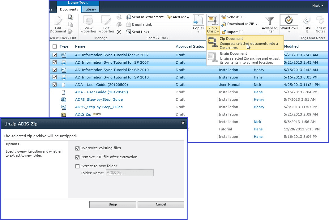 Enables SharePoint end-users to Zip and Unzip documents within a SharePoint Library.