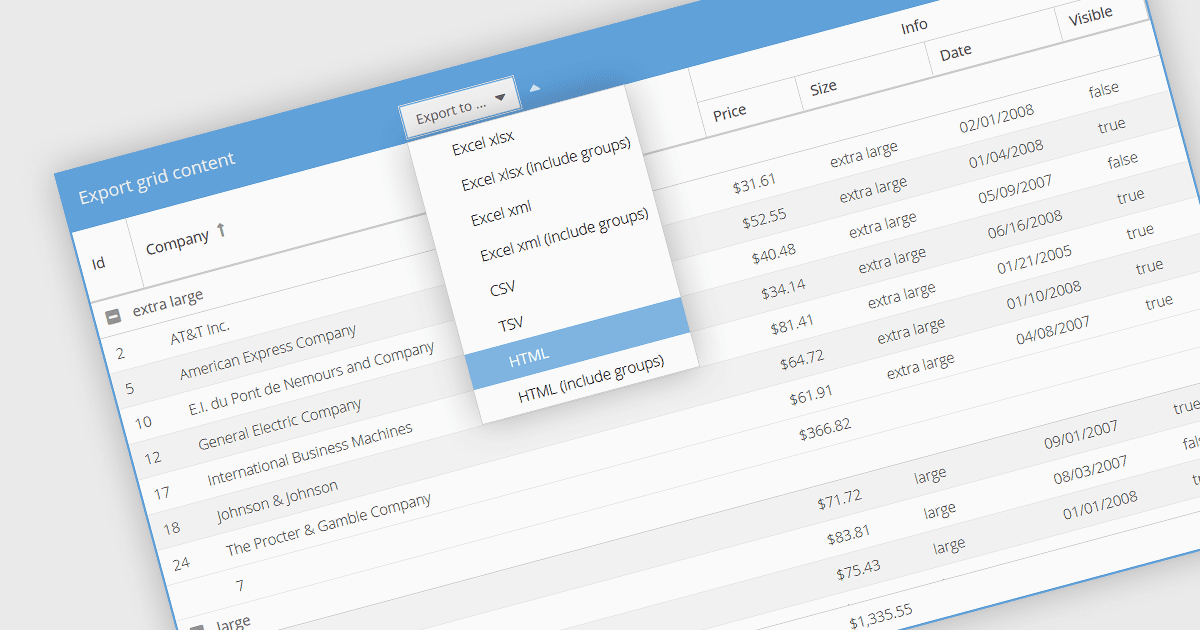 Export Grid Data as HTML Tables in JavaScript Apps
