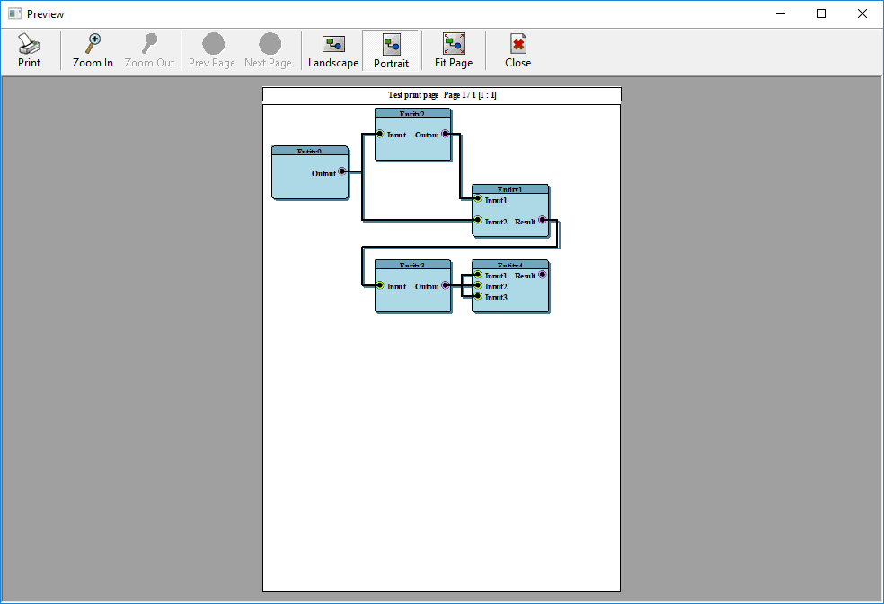 Print Preview facility included with Zoom In and Out options as well as Portrait or Fit to Page.