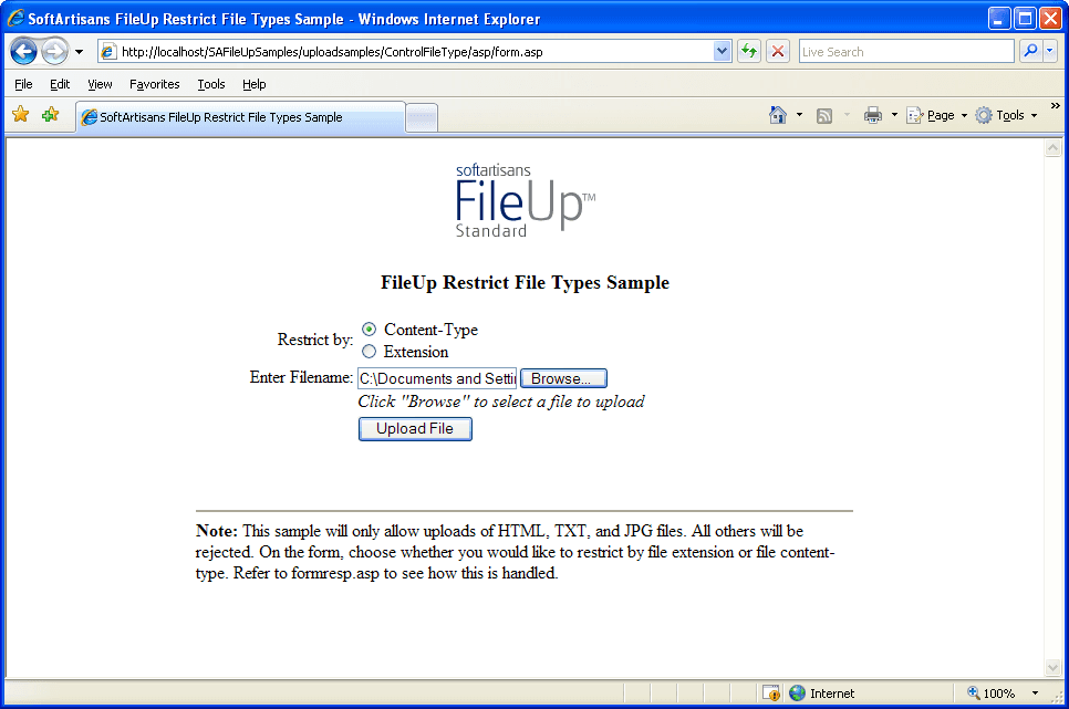 With SA FileUP you can restrict the type of tiles being uploaded. File type is determined by either file content type or by file extension.