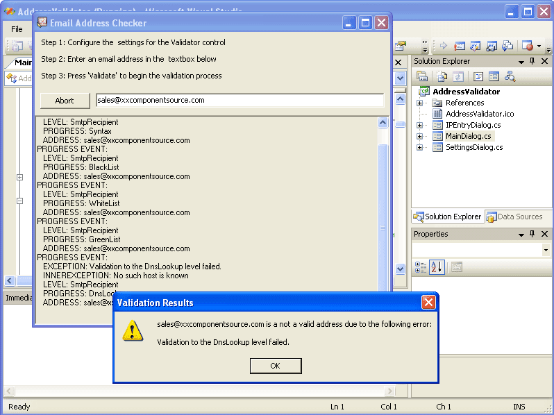 Using PowerTCP Email Validation for .NET you can validate a single email address using all configurable properties of the Validator including Syntax, DnsLookup, SmtpConnect and SmtpRecipient.