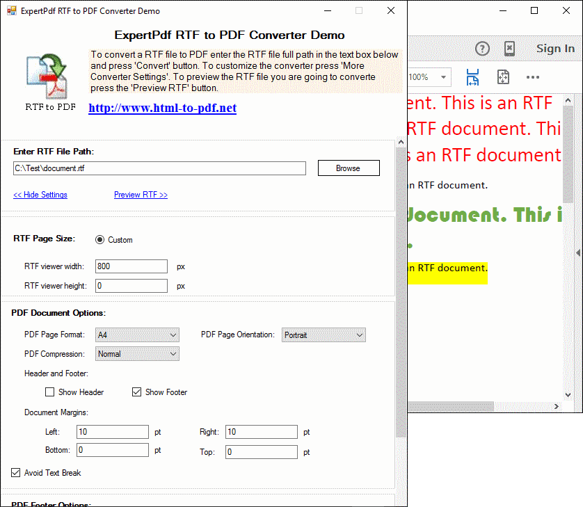 The product lets you adjust RTF and PDF settings for example, page size, format, compression etc.
