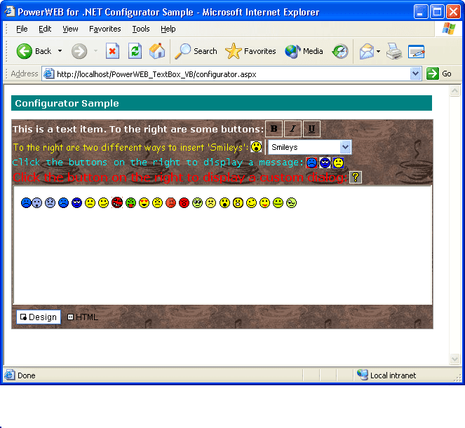 Insert an HtmlBox onto a form with no changes to the properties in the designer, then when the page is loaded many of the Htmlbox's properties are changed in the code.