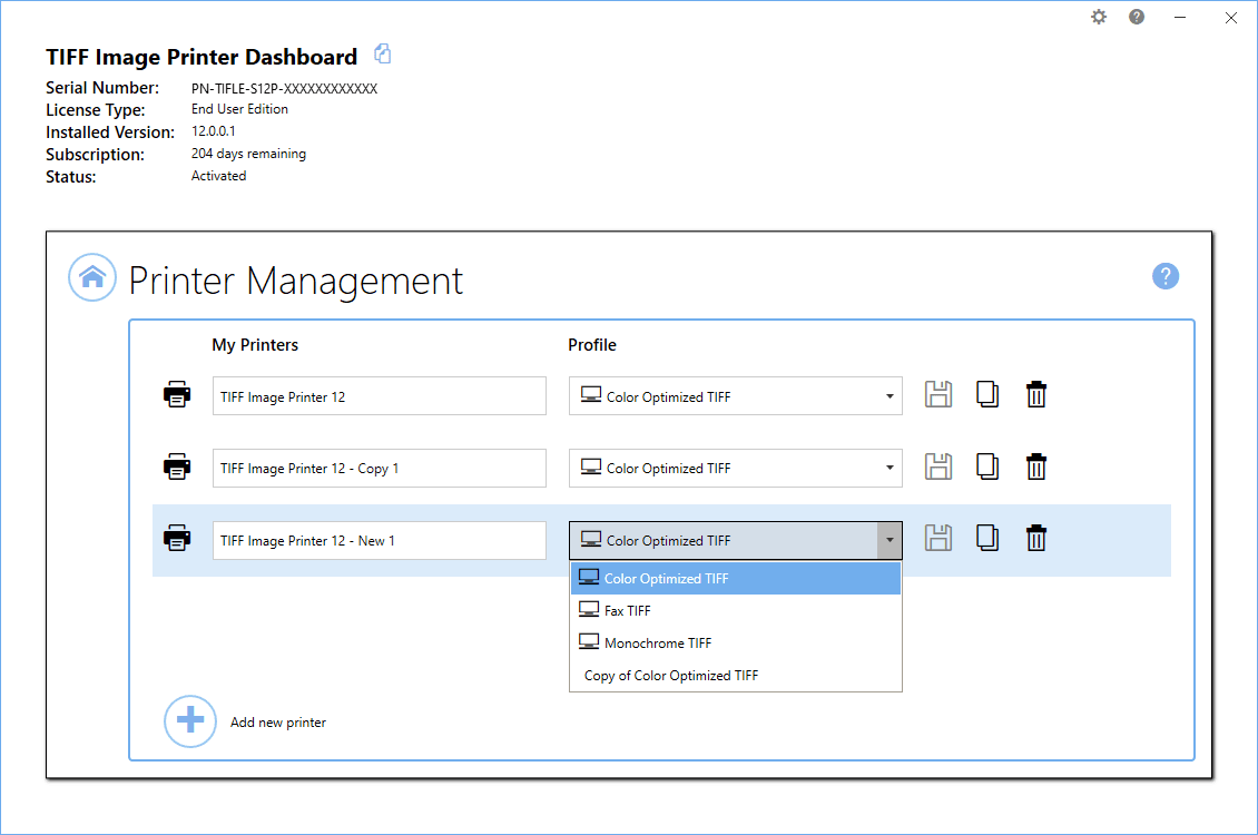 Quickly manage your printer settings directly from the Dashboard. Printer Management allows users to change the default profile TIFF Image Printer uses to create output files, add new copies of the printer, and rename or delete existing printers.