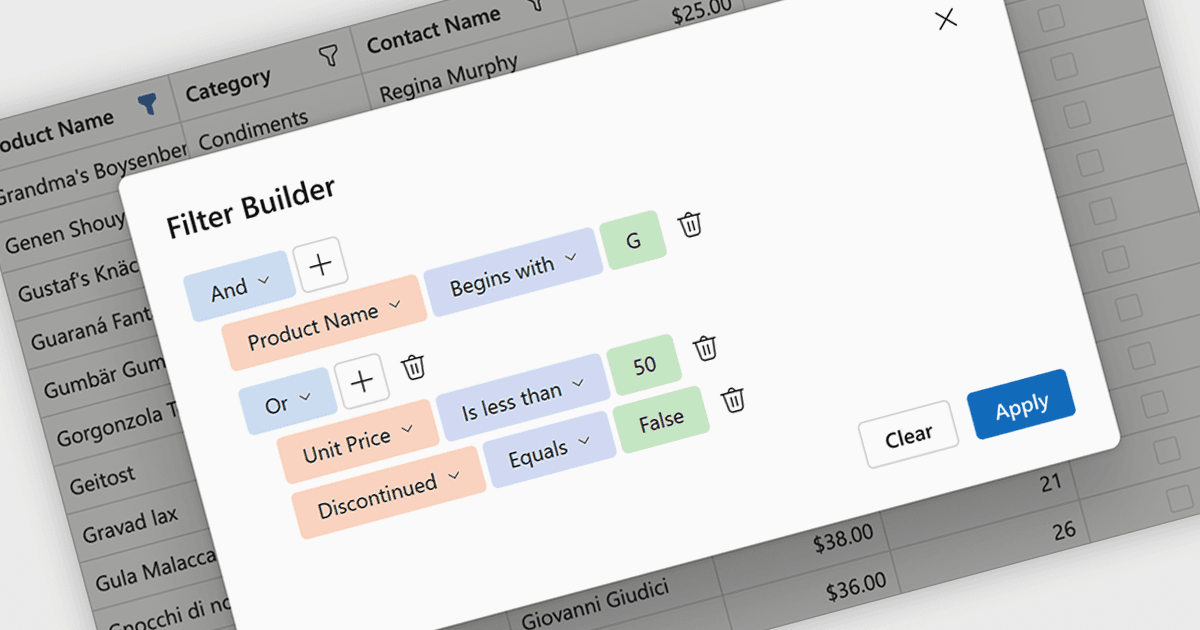 Crea visualmente filtros avanzados de Grid y TreeList