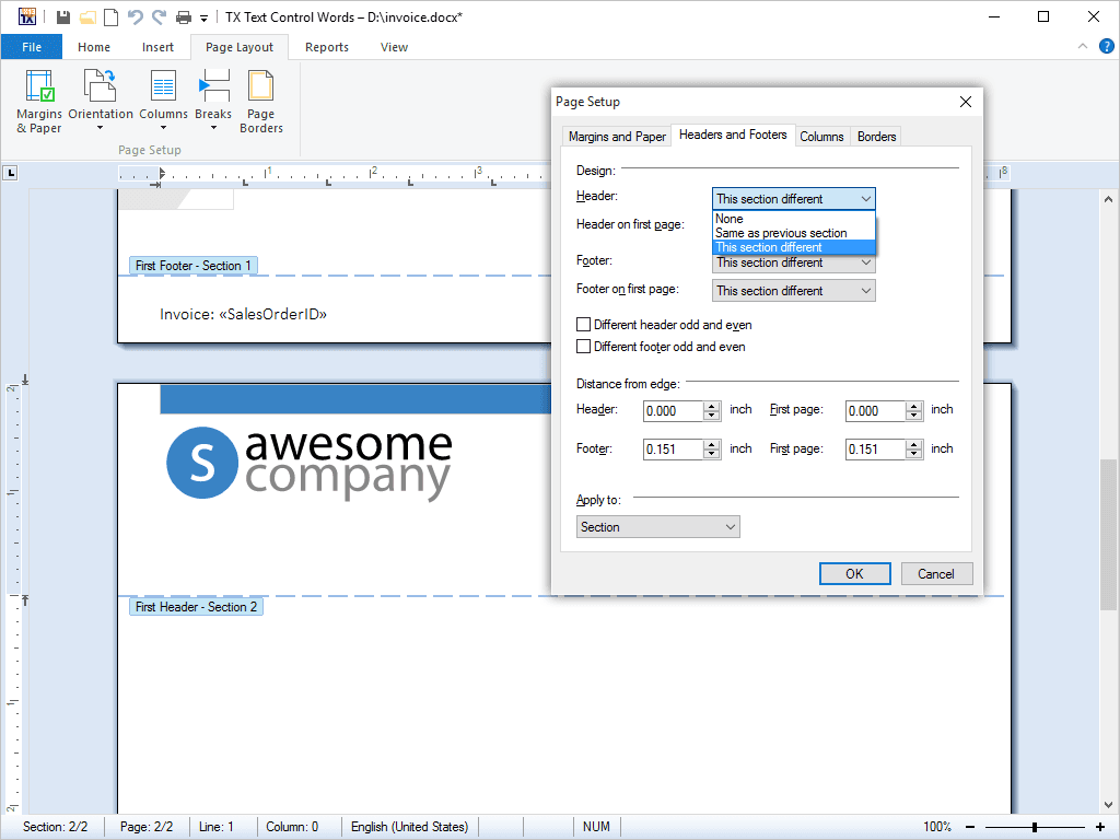 A header or footer is text or other information such as graphics or tables that is stored at the top or bottom of the page throughout a TX Text Control ActiveX document. End-users can use the same header and footer throughout a document or change the header and footer for part of the document.