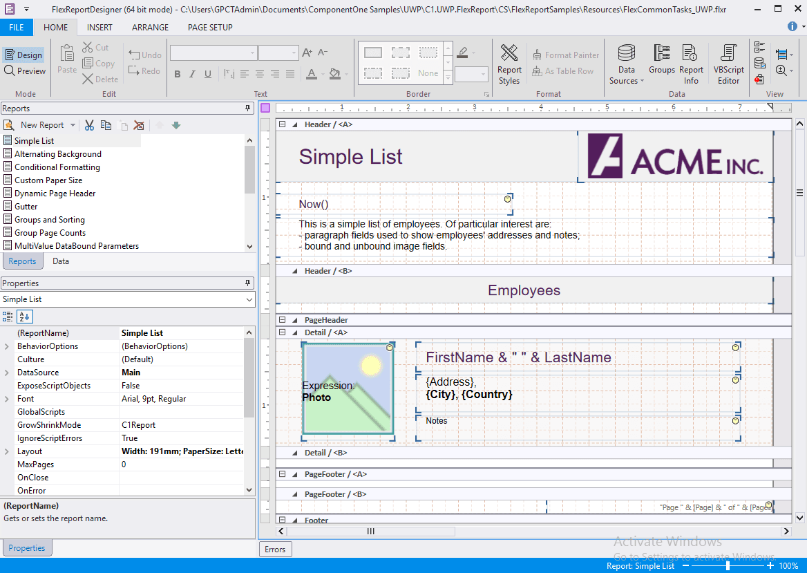 ComponentOne UWP FlexReport Designer product image